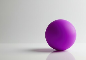 A vibrant purple bouncy ball resting on a clean white surface, reflecting subtle light. Its smooth, glossy texture invites playful interaction ,art ,still life ,modern