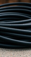A coiled black rubber hose with a subtle sheen, ready for various industrial or domestic applications. Its durable material suggests reliability ,irrigation ,loop ,maintenance