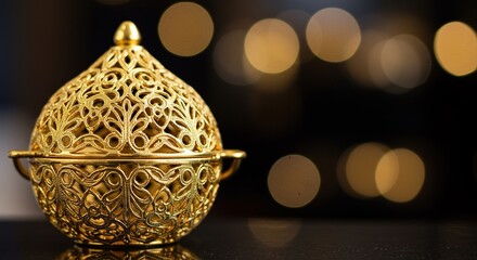 An intricate, shimmering golden decorative object, showcasing delicate filigree details and reflecting soft light against a blurred background ,golden ,light ,vintage