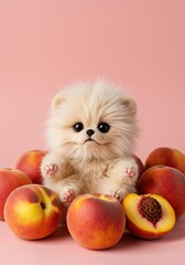 A cute, fluffy pet with soft, peach-colored fur poses playfully amidst fresh, ripe peaches. Whimsical and charming ,happiness ,domestic ,summer