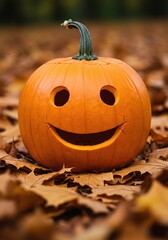 A vibrant orange pumpkin with a cheerful carved smile sits amongst fallen leaves, embodying autumn's happy spirit and seasonal joy ,crisp ,positive ,grin