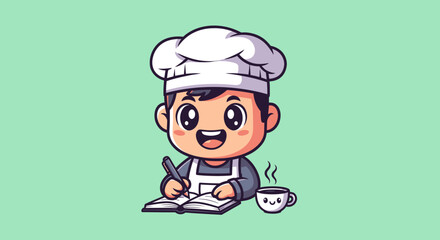 Cartoon chef with hat, apron, writing in book, next to smiling cup