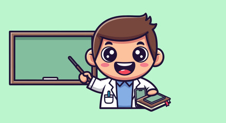Cartoon of cheerful man with pointer in front of a blackboard