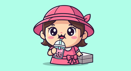 Cartoon girl in pink hat sips bubble tea, stacked books beside her