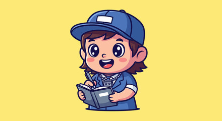 Cartoon character in uniform writing in notebook on yellow backdrop