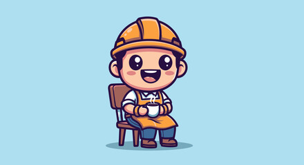 Relaxing worker cartoon character with hard hat and coffee