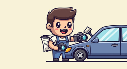 Cartoon character holding cameras near a blue car