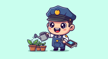 Cartoon police officer watering plants in pots, holding phone and notepad, set on blue backdrop
