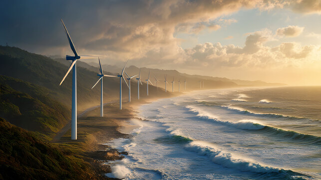 Harnessing Wind Energy by the Sea: A stunning image showcases the harmonious blend of renewable wind energy with the raw power of the ocean, with wind turbines standing tall.