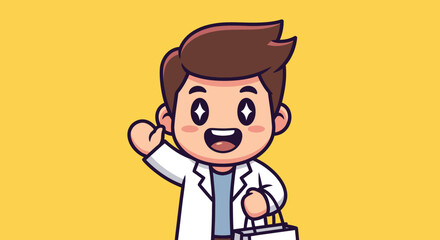Cartoon scientist waving, holding a small bag, on a yellow background