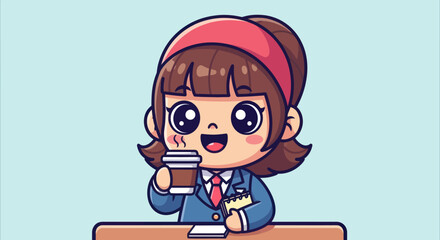 Kawaii cartoon businesswoman with coffee and notepad at desk
