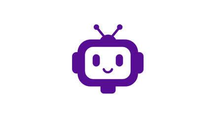 Cute purple cartoon robot with antenna on white background