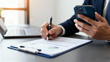 Businessman using stylus on text holding smartphone, representing multitasking, digital workflow, and smart office solutions. mobile management, e-signature, and business apps.