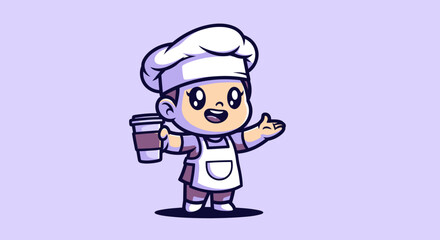 Cartoon chef with a coffee cup, smiling and gesturing, on a pale purple background