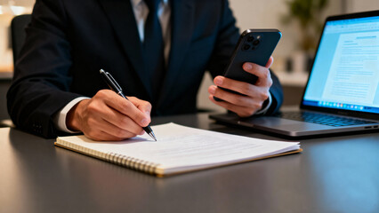 Businessman using stylus on text holding smartphone, representing multitasking, digital workflow, and smart office solutions. mobile management, e-signature, and business apps.