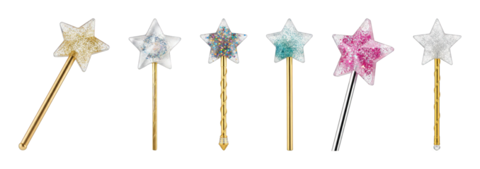 Star wands set including gold, iridescent, multicolored, teal, pink, and silver glitter types isolated. Perfect for parties, costumes, and magical themes.