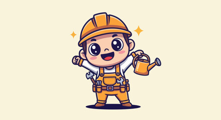 Cartoon tradesman with a watering can and tools, smiling