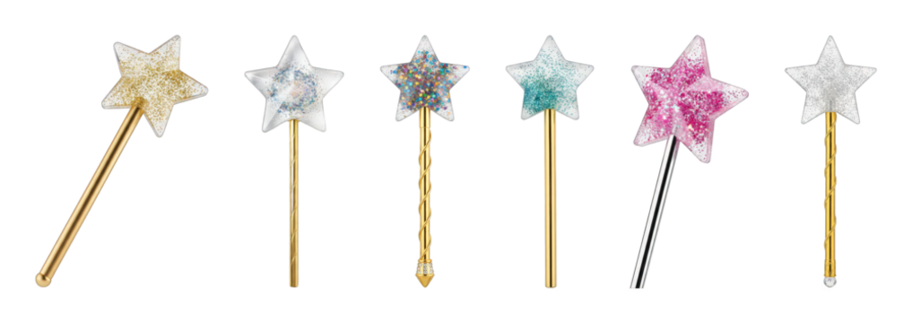 Star wands set including gold, iridescent, multicolored, teal, pink, and silver glitter types isolated. Perfect for parties, costumes, and magical themes.