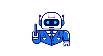 Robot wearing blue suit, holding up a finger