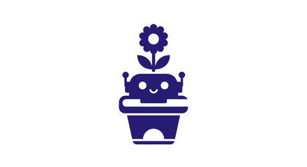 Blue robot planter with a flower