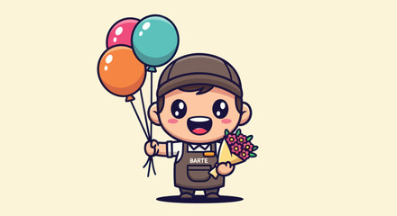Cartoon character with balloons and flowers