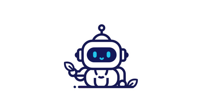 Cute robot holding leaf, simplistic line drawing on a white background