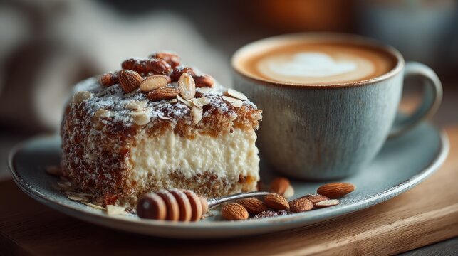 Inviting almond cake with powdered sugar served alongside a creamy coffee drink