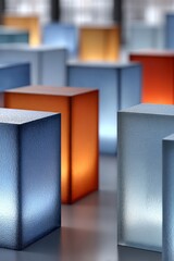 Abstract frosted glass blocks with orange and blue gradient lighting, minimal modern background