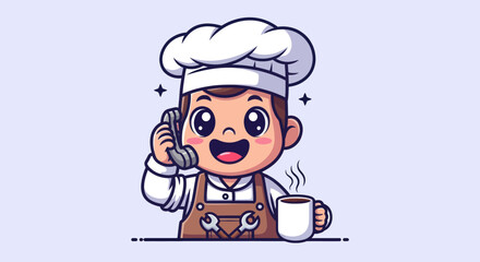 Cartoon chef talking on the phone with coffee and tools in front