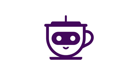 Purple line drawing of a smiling robot in a cup
