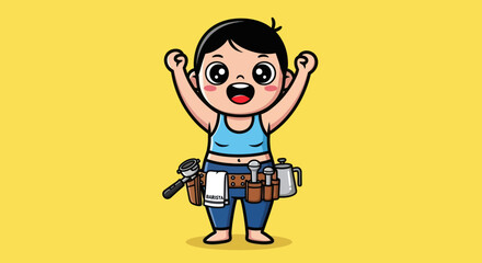Cheerful barista cartoon with belt holding tools, arms raised