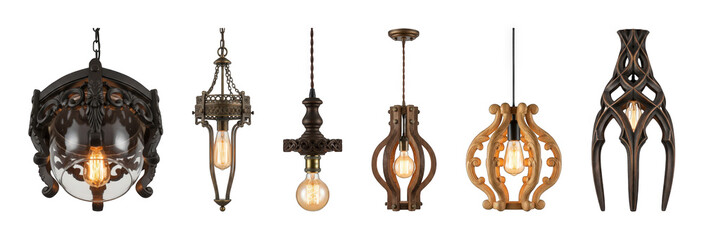 Ornate pendant lamp set including classic metal, carved wood, and antique brass fixtures isolated. Elegant interior design and decorative lighting collection.