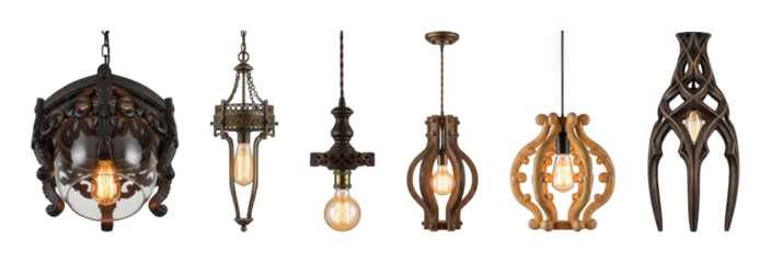 Ornate pendant lamp set including classic metal, carved wood, and antique brass fixtures isolated. Elegant interior design and decorative lighting collection.