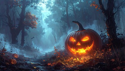 Glowing Jack-o'-lantern in a Misty Autumn Forest