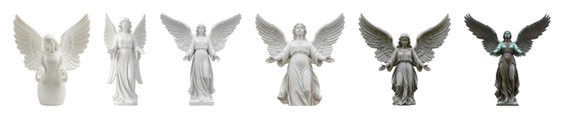 Obraz premium Angel sculpture set including white, marble, stone, and bronze figures isolated. Religious, memorial, and decorative elements collection.