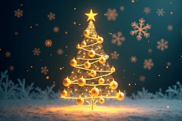 stylized illuminated Christmas tree with gold balls on a background with snowflakes llustration