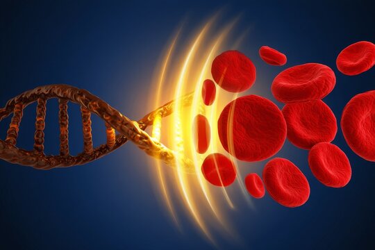 Close-up 3D render showing the genetic connection between a DNA helix and red blood cells with flowing luminous energy
