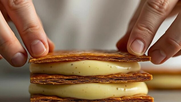 Close-up of hands positioning a puff pastry layer onto a dessert, showcasing layers of custard