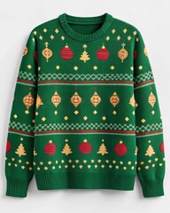 Cozy holiday gathering with green christmas sweater featuring ornaments and bells pattern in a festive living room environment