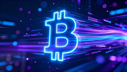 Glowing bitcoin sign with dynamic motion blur and data lines, concept of fast crypto transactions