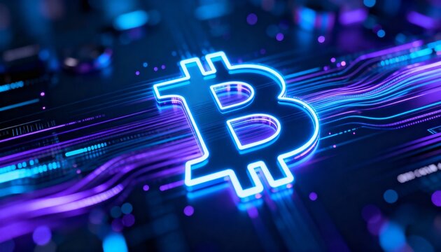Glowing bitcoin sign with dynamic motion blur and data lines, concept of fast crypto transactions