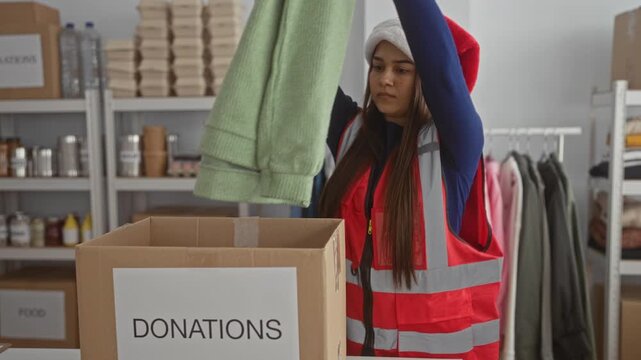 Young woman wearing santa hat and vest sorting clothing donations in charity center surrounded by shelves filled with boxes and supplies indoors.