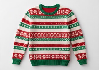 Cozy holiday gathering in a festive cabin featuring a striped christmas sweater in red green and white with classic knitted patterns