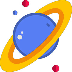 Blue planet with orange rings surrounded by small red and blue dots against a white background representing space exploration and celestial bodies