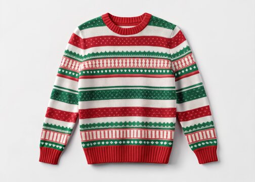 Cozy striped christmas sweater in red green and white colors featuring classic knitted holiday pattern for festive celebrations