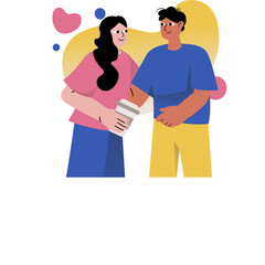 Diverse Couple Sharing A Coffee Break With Abstract Organic Shapes Floating In The Background In A Casual Setting