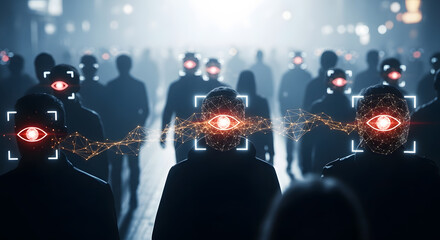 Surveillance state Crowd monitored by glowing eyes and technological connections