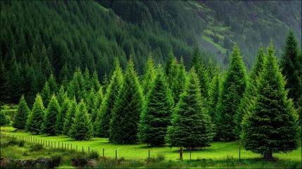 Lush Green Pine Forest Landscape with Vibrant Evergreen Trees and Natural Beauty in the Scottish Highlands