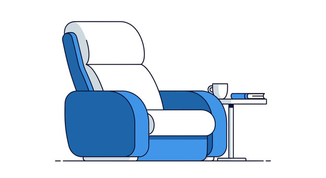 Blue and White Relaxation Chair with a Table, Book, and Cup Illustration
