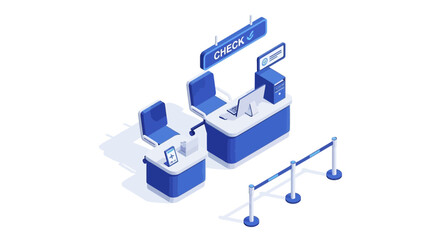 Isometric airport check-in desk illustration for design and presentations